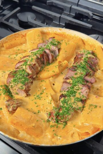 creamy steak pasta in a pan